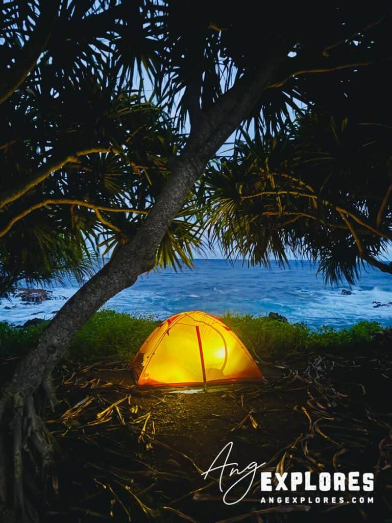 Tent by the ocean at night, Kipahulu Campground