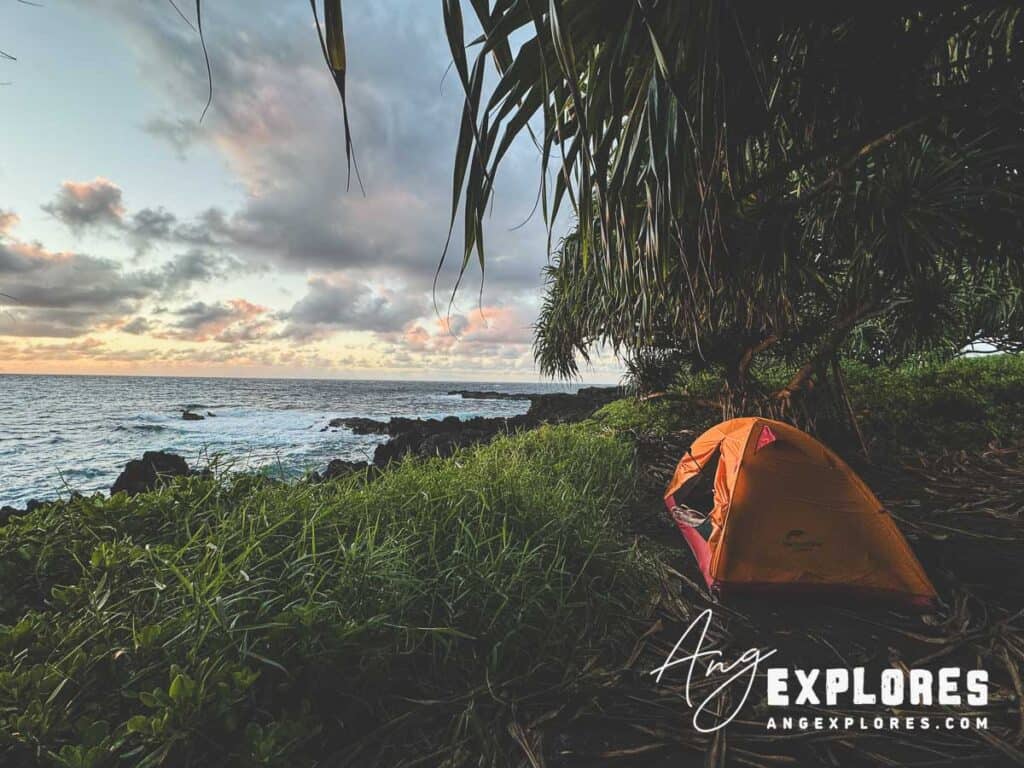 Orange tent overlooking ocean at Kipahulu Campground