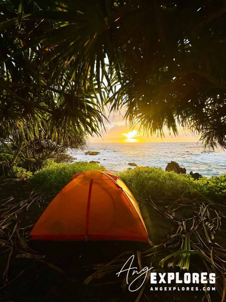 Tent overlooking the ocean at sunrise, Kipahulu Campground