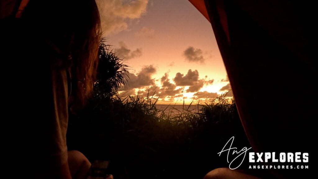 Watching the sunrise over ocean from tent at Kipahulu Campground