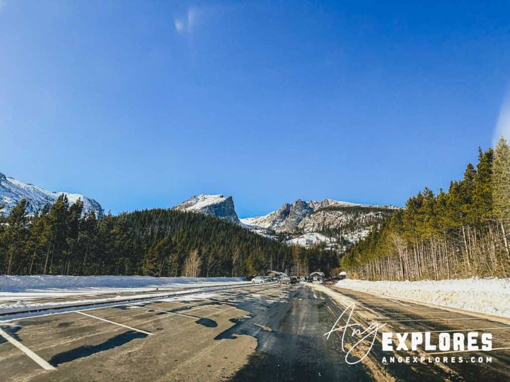 parking at bear lake in the winter at rocky mountain national park