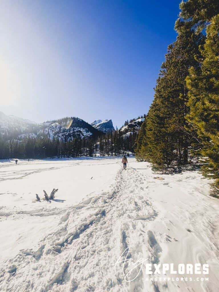 snowshoeing at nymph lake in rocky mountain national park