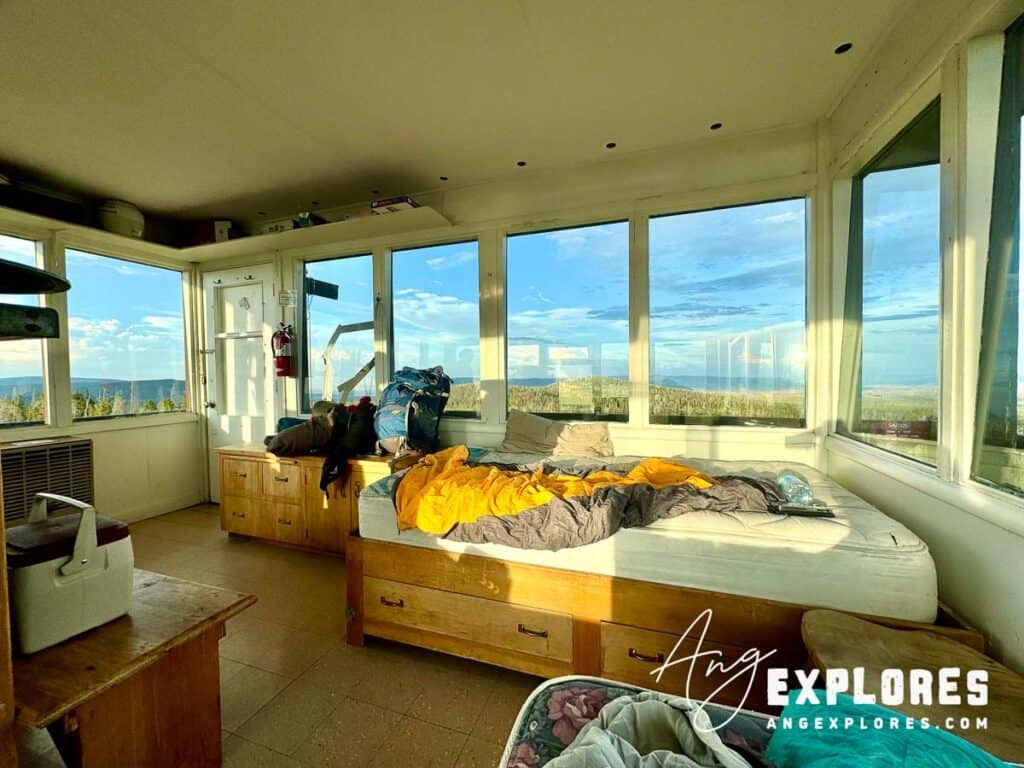 bed at Spruce Mountain Fire Tower Wyoming