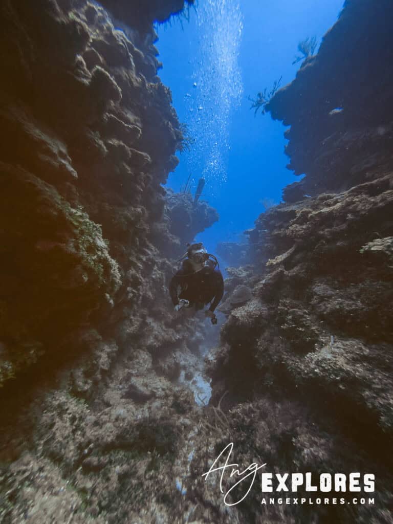 diver in narrow canyon, ambergris caye, belize